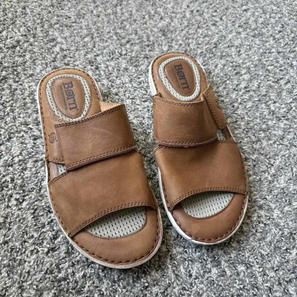Born Men's Flores Full Grain Leather Slip-On Sandal Camel Brown Slide Sz 12 M
